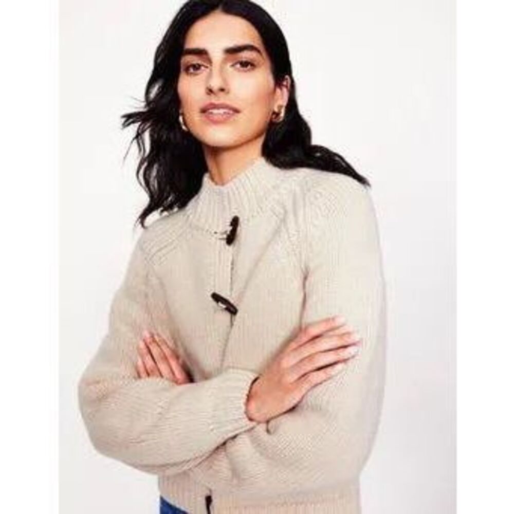 Boden Oatmeal Wool Blend Toggle Cardigan Sweater Mock Neck Chunky Knit Size S